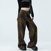 Womens High Waist Leopard Print Wide Leg Jeans Y2K Baggy Denim Trousers Streetwear