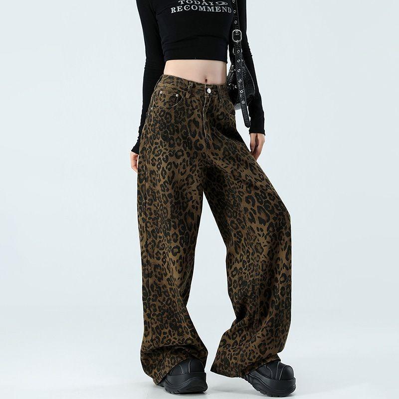 Womens High Waist Leopard Print Wide Leg Jeans Y2K Baggy Denim Trousers Streetwear