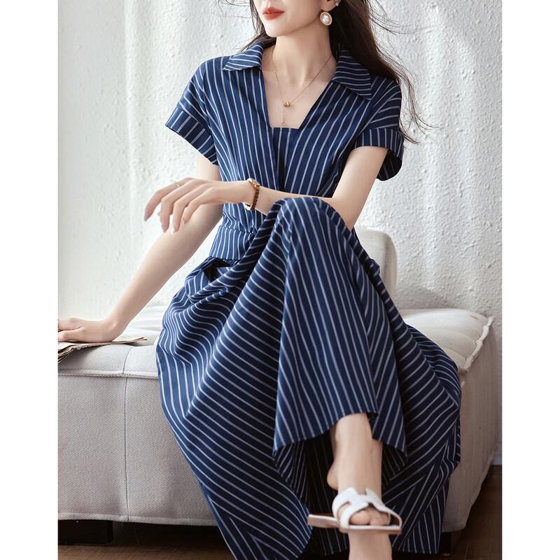 Demana Women s Commute Striped Cloud Cotton Lapel Shirtdress L