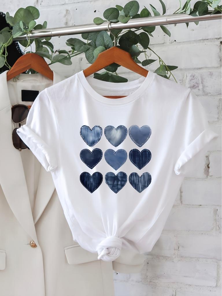 SpringSummer New Arrival Womens Round Neck Heart Print Fashion Summer Cool Short Sleeve Casual TShirt Circle Aesthetic Clothes