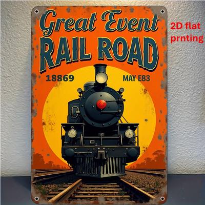 Panneau Métal Plat 2D Vintage Chemin de Fer - Art Mural Rétro Train Coucher de Soleil en Aluminium, Décoration Extérieure pour Bar Maison Garage pour Passionnés