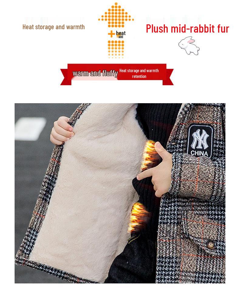 Boys' Fleece-lined Cotton Jacket & Plaid Woolen Coat - 2025 New Style