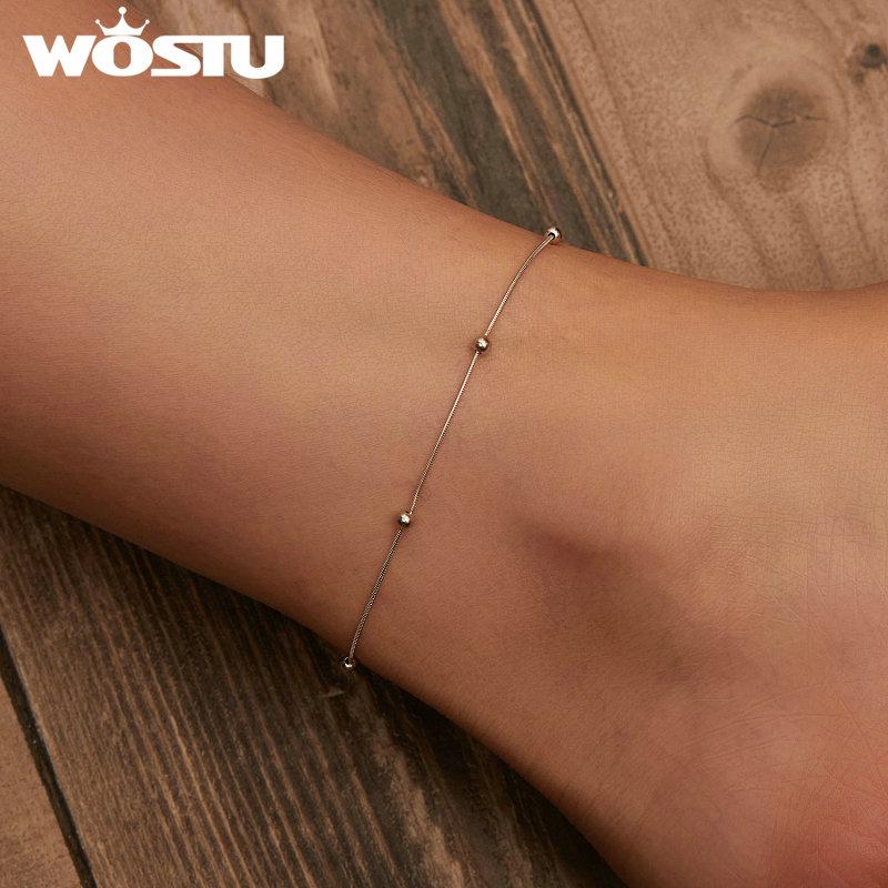 WOSTU Real 925 Silver Bead Anklet Snake Foot Chain Jewelry for Women Beach Stacking Jewelry Vacation Gift BST009