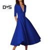 Women Midi Dress Deep V Neck A-line Flowy Hem Solid Color Half Sleeves Pure Color Dating Dress Prom Party Banquet Evening Dress