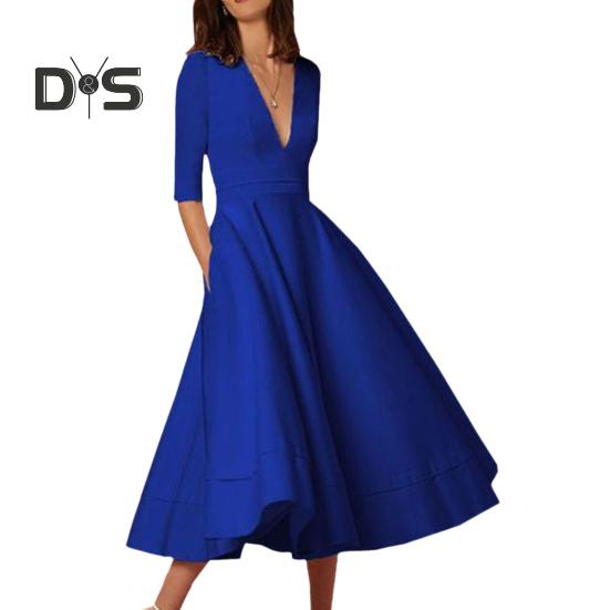 Women Midi Dress Deep V Neck A-line Flowy Hem Solid Color Half Sleeves Pure Color Dating Dress Prom Party Banquet Evening Dress
