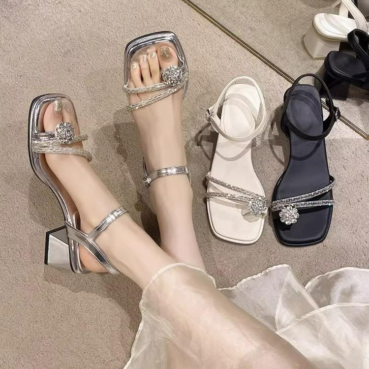 One word with crystal thick heel women's sandals 2025 new fashion bow fairy style beautiful open toe simple