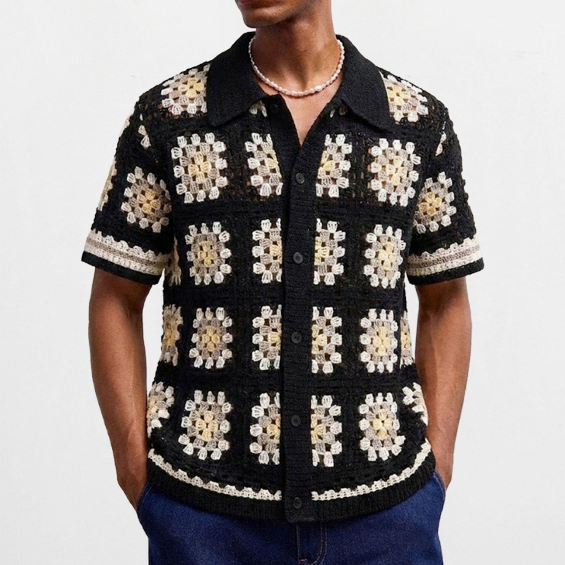 

Knit Short Sleeve Shirt for Men Casual Button Down Shirt Vintage Knitted Golf Beach Collared Shirts Tops Men s Crochet Hollow Out Summer Vacation Top M чёрный