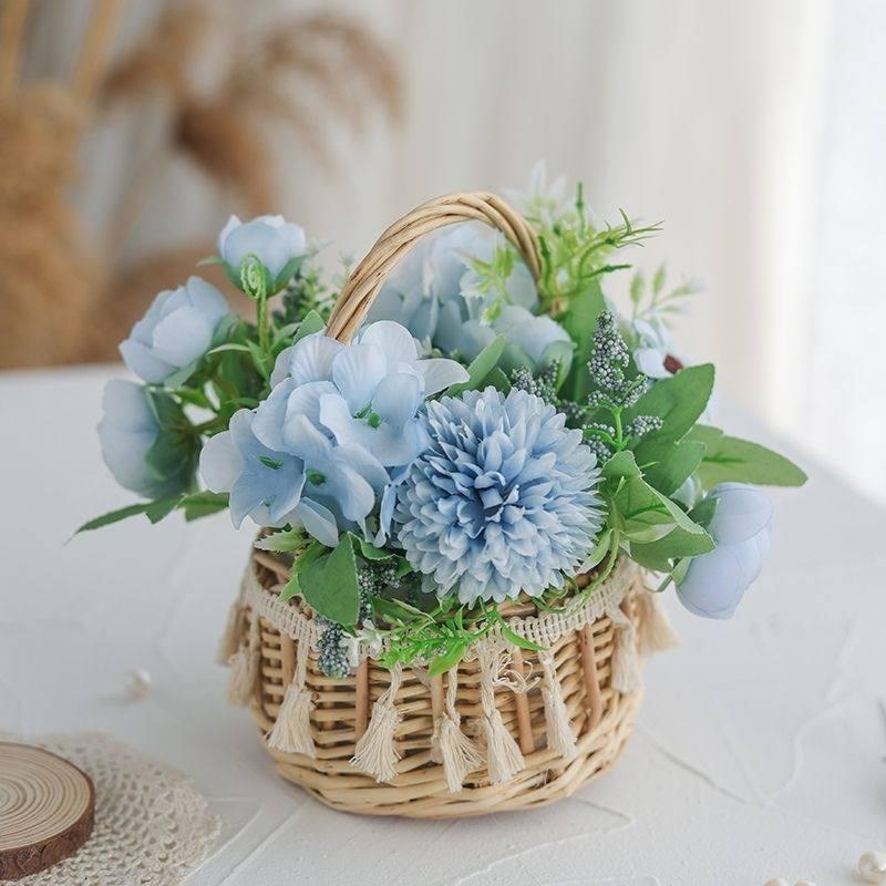 Korean Pastoral Silk Flowers In Handmade Woven Basket for Living Room or B&B Decor