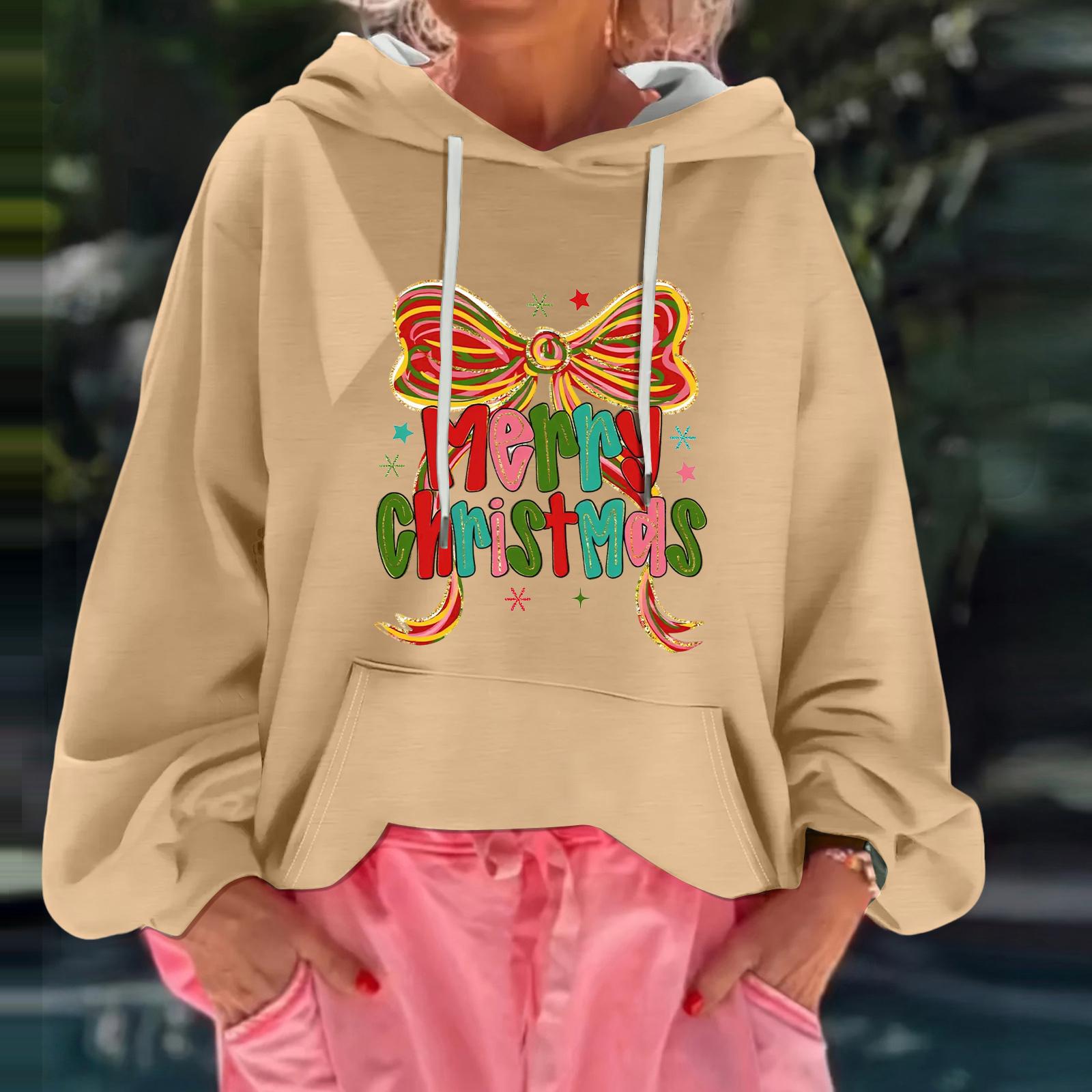 

Women s Christmas Print Loose Casual Long Sleeve Hooded Sweatshirt XXL хаки