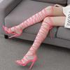 2025 New Women Gladiator Roman Sandals Sexy Open Toe Square Head Thin Band Cross Strap 11cm High Heel Shoe Sexy Club Pumps