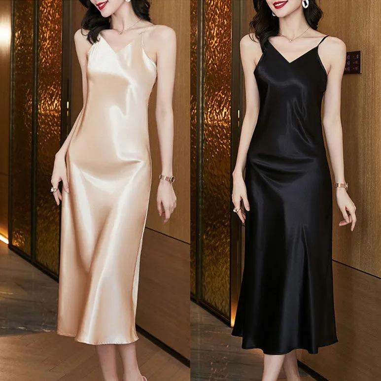 Frühling und Sommer 2026 neues Temperament V-Ausschnitt Trägerkleid Damen mittel und lang sexy Satinboden mit langem Rock