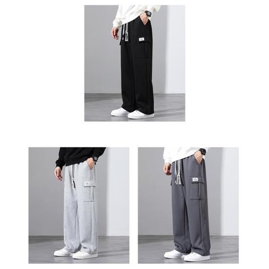 Fall Spring Men Pants Drawstring Elastic Waist Solid Color Multi Pockets Loose Plus Size Straight Wide Leg Sport Trousers Daily Wear Casual Sweatpants