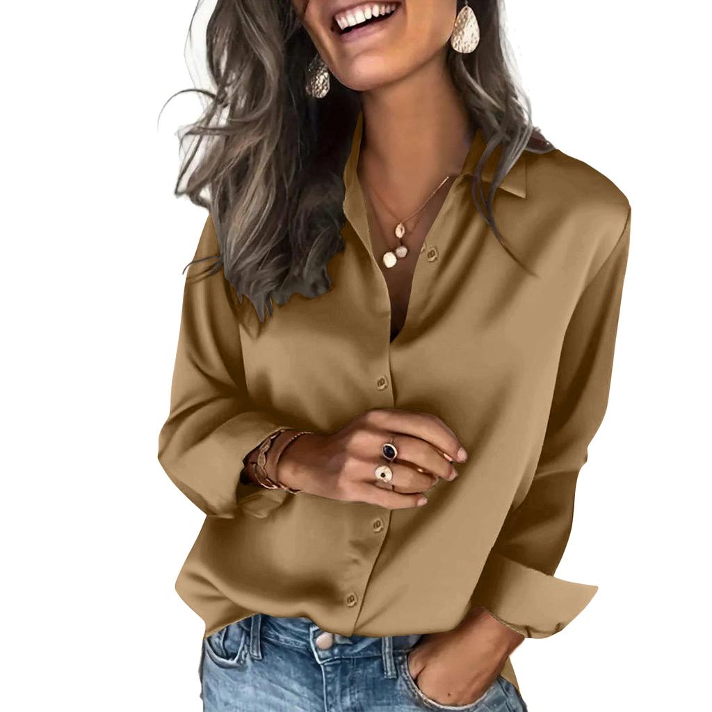 Women's Fashion Casual Solid Color Split Button Long Sleeve Shirt Top