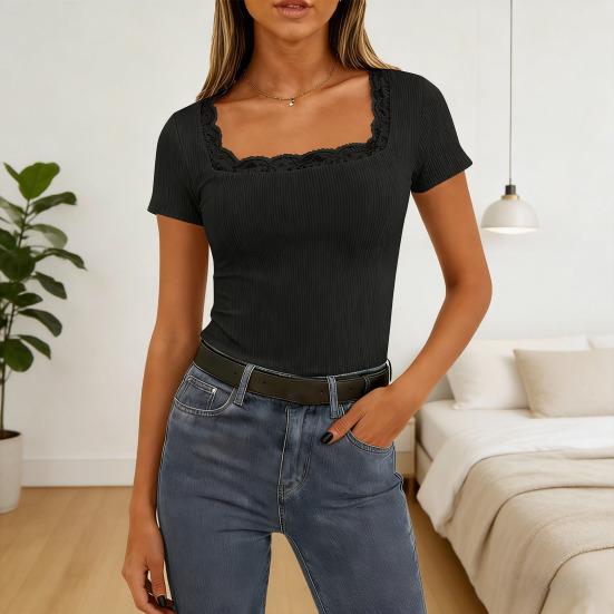 Dam T-shirt Fyrkantig Halsringning Spetsinslag vid Halsen Kortärmad Pullover Toppar Enfärgad