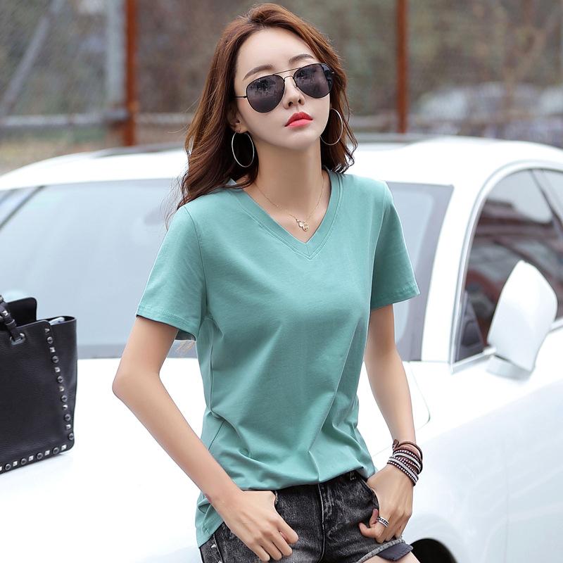 New Short-sleeved Cotton Simple Slimming Loose Korean Style V-neck Large Size Women's T-shirt Tops Bottoming Shirt