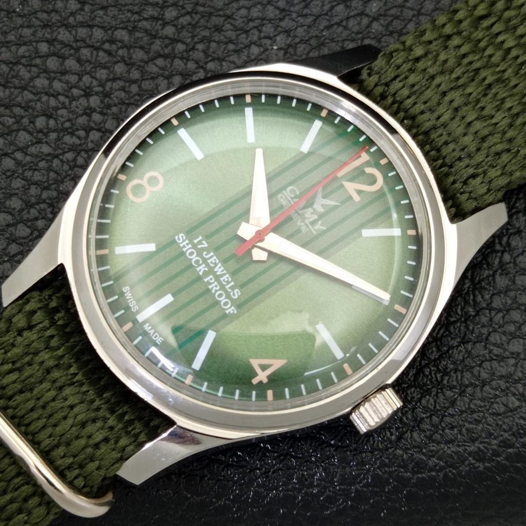 HAND-WINDING VINTAGE CAMY SWISS MENS REFURBISHED GREEN DIAL WATCH A500007-2 R151a-a500007