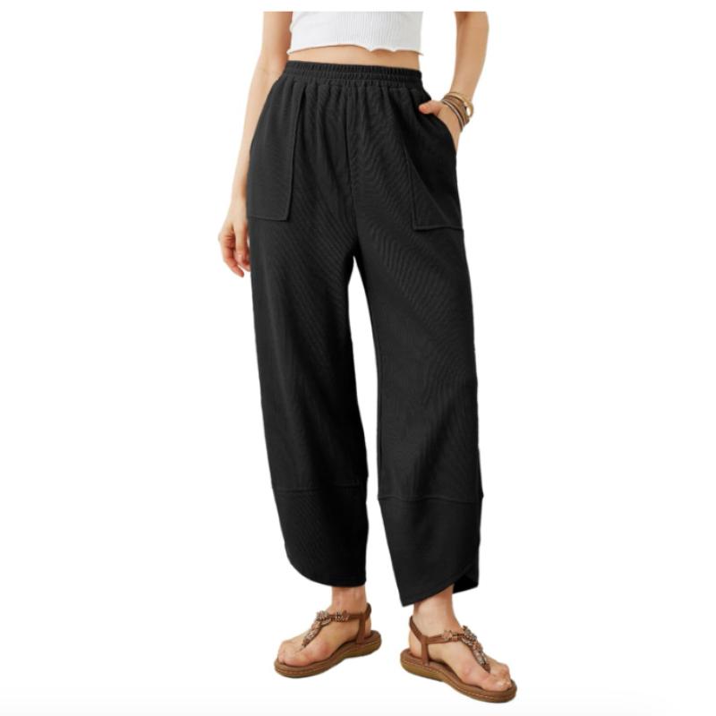 Calças Casuais Femininas de Cintura Elástica com Bolso, Calças Cropped Retas, Calças Harem Soltas, Cor Sólida, Calças Esportivas