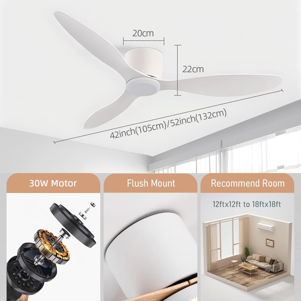 IRALAN Modern Ceiling Fan Without Lights DC Motor 6 Speeds Timing Fans 20CM Low Floor Loft Remote Control Lux&vitae Fan
