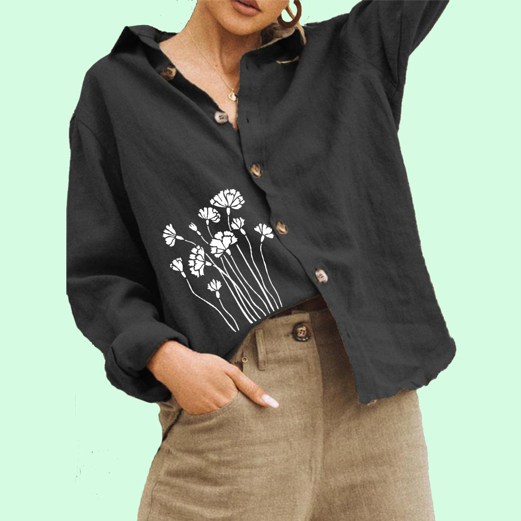 

Женская модная блузка с цветочным принтом, женская повседневная рубашка с длинным рукавом и пуговицами из хлопка и льна 3XL чёрный