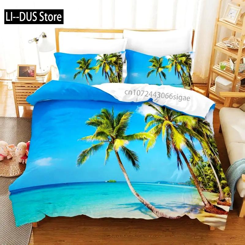 Tropical Duvet Cover Set King Size Microfiber Palm Trees Silhouette Sunset Tropical Beach Coastline Exotic Vacations Bedding Set