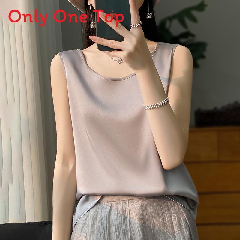Silk Satin Summer Womens Sleeveless T Shirt With Round Neck For Office Wear