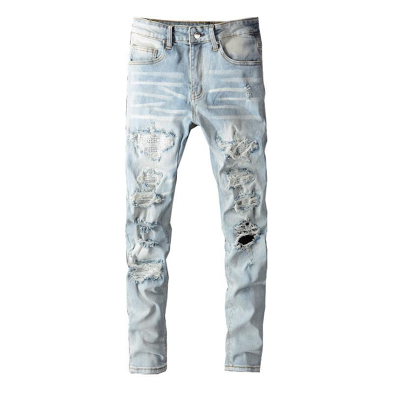 Street Denim Freizeithose Micro-Stretch Baumwolle Jugend Blaue Löcher Enge Jeans Herrenmode Hose