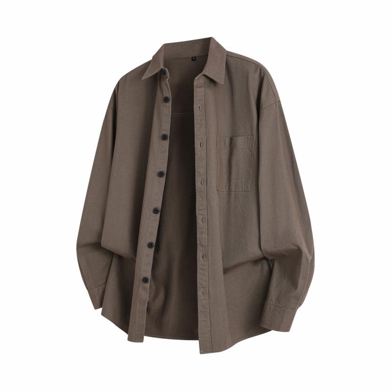 

Осенняя мужская рубашка с длинным рукавом Простая однотонная хлопковая выстиранная свободная рубашка Тонкое пальто 4XL темно-коричневого