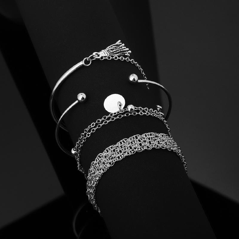 European and American simple silver smooth fringed bracelet multi-layer chain disc 1-piece bracelet set