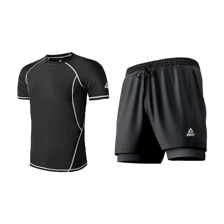 PEAK Solid Color Double Layer Loose Swim Trunks Swimsuit Set Men swimwear Black YS03110+10352