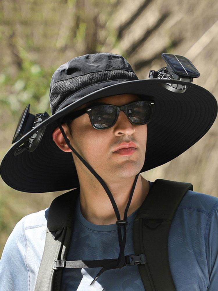 Solar Fan Sun Hat with 2 Solar Fan Outdoor Fishing Hat Wide Brim Bucket Hat for Men Outdoor Camping Fishing Hiking