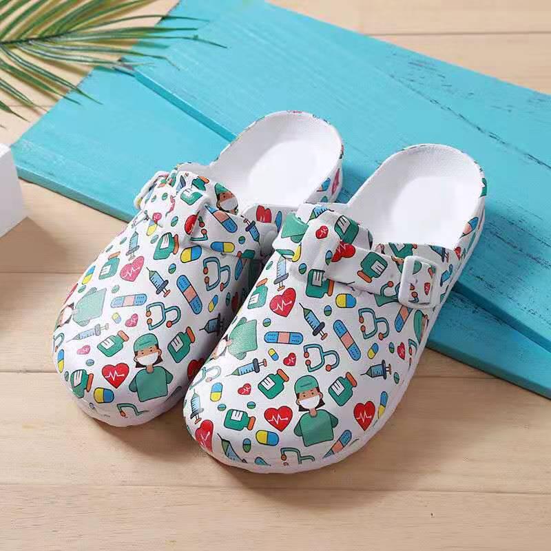 Women's Backless Cartoon Print EVA Slippers - Durable, Soft Sole Hospital Footwear