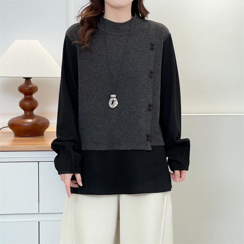 

Women s Plus Size Velvet Stand Collar Color Block Slimming Top, 2025 Autumn/Winter Fake 2-Piece Thickened Base Layer #8652. 4XL