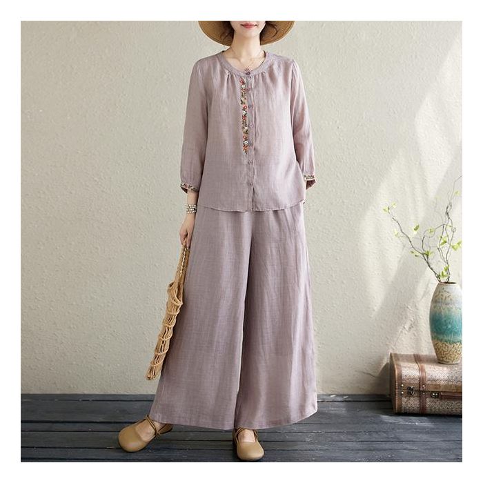 Ladies Large Size Spring Cotton Linen Set Casual Embroidered Top Faionable Two Piece Suit Mom Sle Chinese National Trend