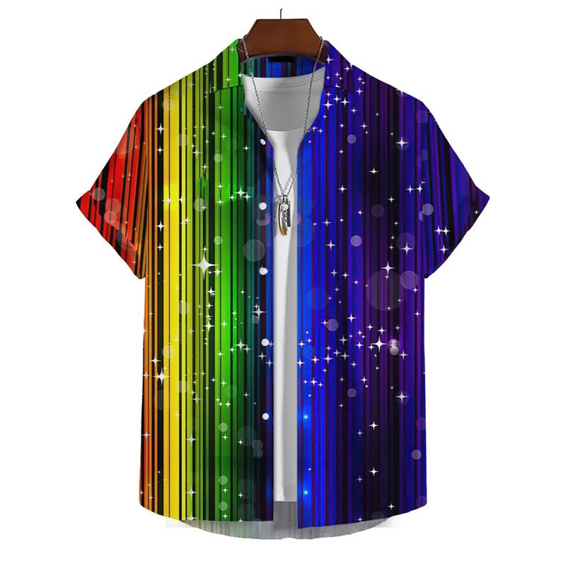 2024 3D-Druck Regenbogen Hemd Herren Sommer Revers Kurzarm Urlaubs-Partyhemden Streetwear Hip Hop Bluse Oberteile Herrenbekleidung 3XL blue
