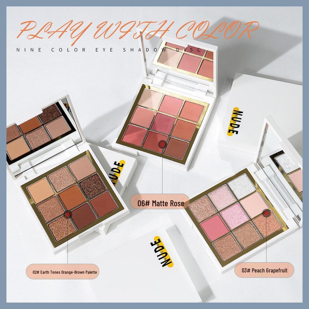 NUED Play with Color: Nine-Color Waterproof Eyeshadow Palette – Matte, Glitter, Pearlescent – Popular Niche Colors for Women.