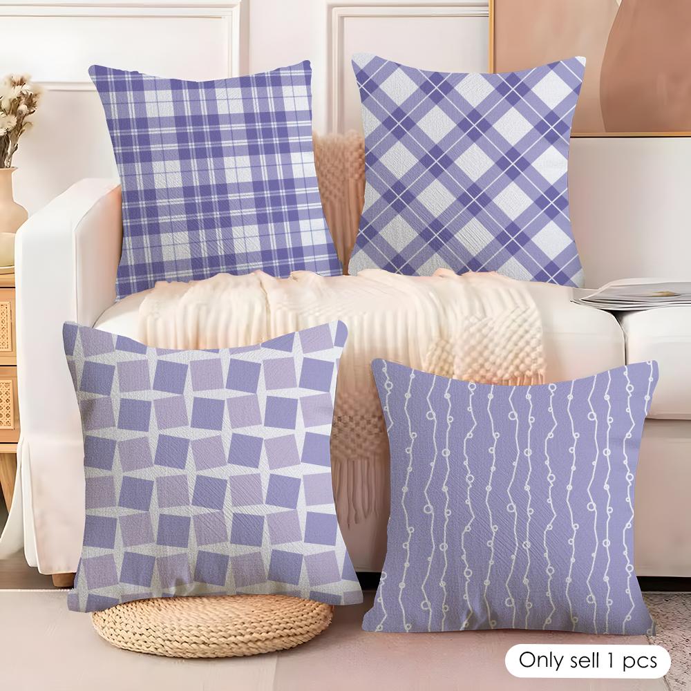 Simple purple plaid print Cushion Cover Natural Linen Organic Fabric DoubleSided Printing Sofa Home Decor Gift Pillow Cover