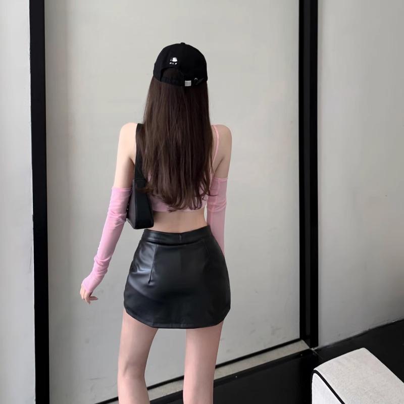 Kožená áčková sukně s vysokým pasem a rozparkem, jaro/podzim 2024, k dispozici plus size, sexy krátká sukně obepínající boky pro ženy