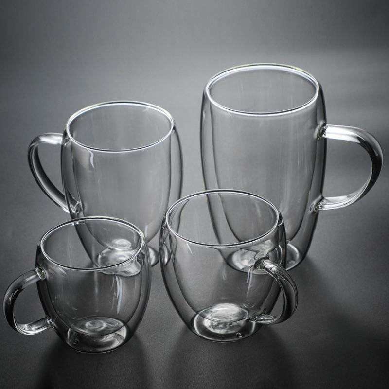 Egg-Shaped Double-Walled Borosilicate Glass Cup with Handle - Insulated for Coffee or Milk.