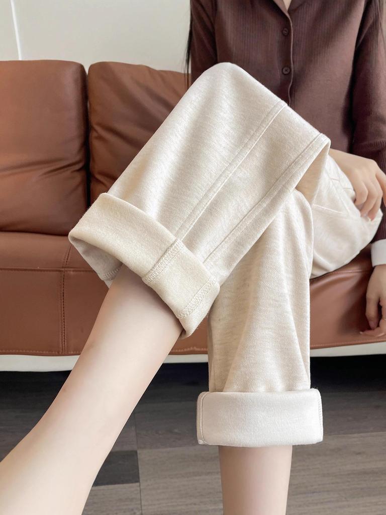 Damskie Jesienne Luźne Wyszczuplające Spodnie z Wełny Flanelowej - Acetat, Prosta Nogawka, Styl Draperowany