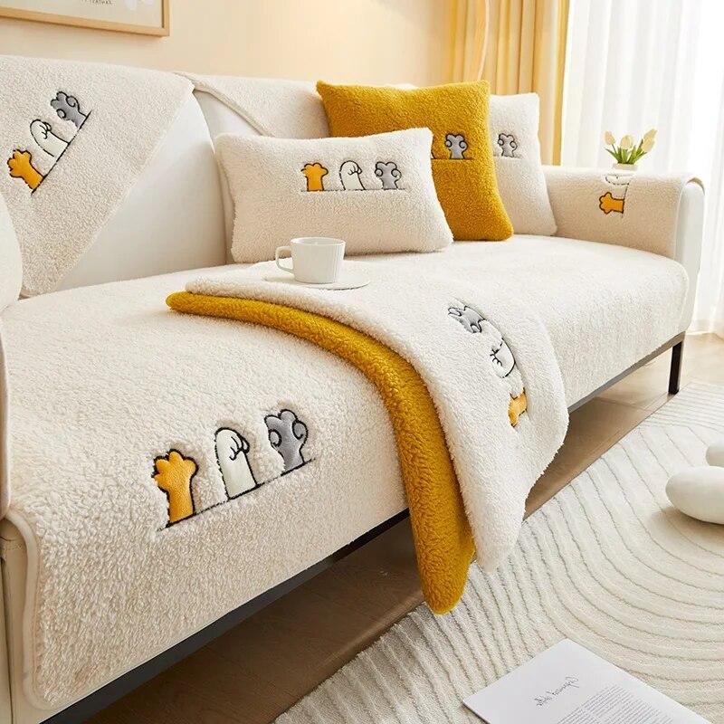 

Осенний чехол для дивана из овечьей шерсти, толстое плюшевое полотенце на спине, Нескользящий чехол для дивана для гостиной, L-образные подлокотники для дивана, пыленепроницаемый теплый чехол 70X70 CM 1PCS