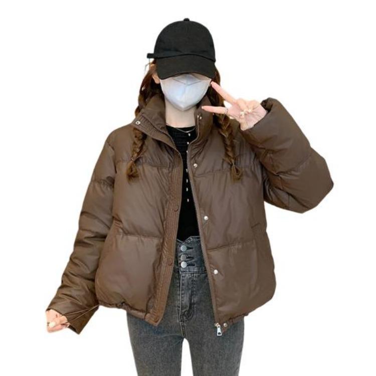 Winter Warm Women Cotton Coat Stand Collar Thickened Lightweight Long Sleeve Solid Color Outwear with Pockets