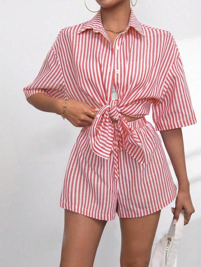 Summer 2025 Women's Lapel Casual Striped Two-Piece Set
