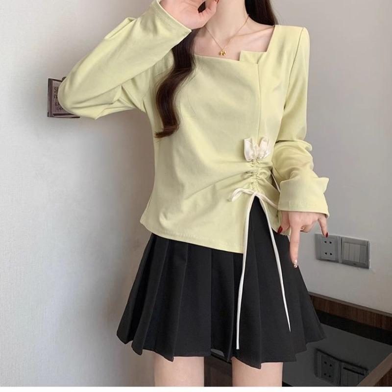 

Designed Smocked Square Neck Long-sleeved T-shirt Plus Size Women s Spring and Autumn Bottoming Shirt Top S зелёный