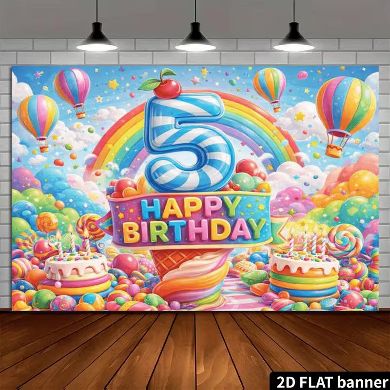 2D 5th Birthday Backdrop Rainbow Candy Hot Air Balloon Photography Background Kids Party Decoration