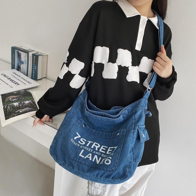 Large Capacity Denim Crossbody Bag Women's Letter Tote Bag Student Shoulder Bag
