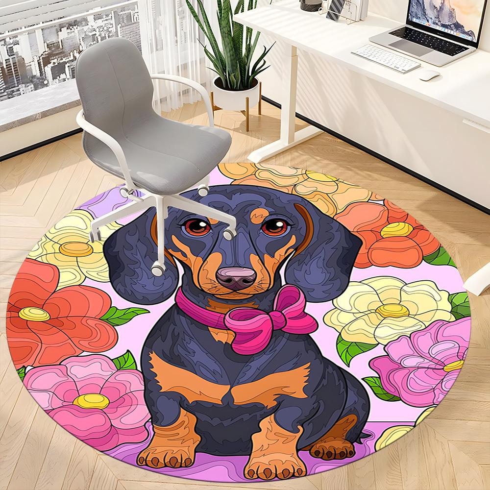 1pc Dachshund Flowers Office Round Rug, Non-slip, Soft and Durable Office Rug for Interior Decoration, Perfect for Office,Decoration Yy260204024