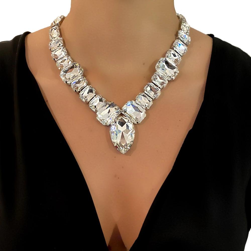 Stonefans Crystal V Shape Necklace Large Accessories for Women Drag Statement Collar Rhinestone Square Necklace Bling Jewelry