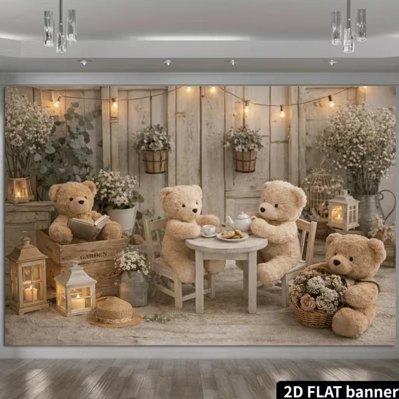 

2D Vintage Teddy Bear Tea Party Backdrop Baby Shower Photography Background 47.2x31.5inch/120*80cm