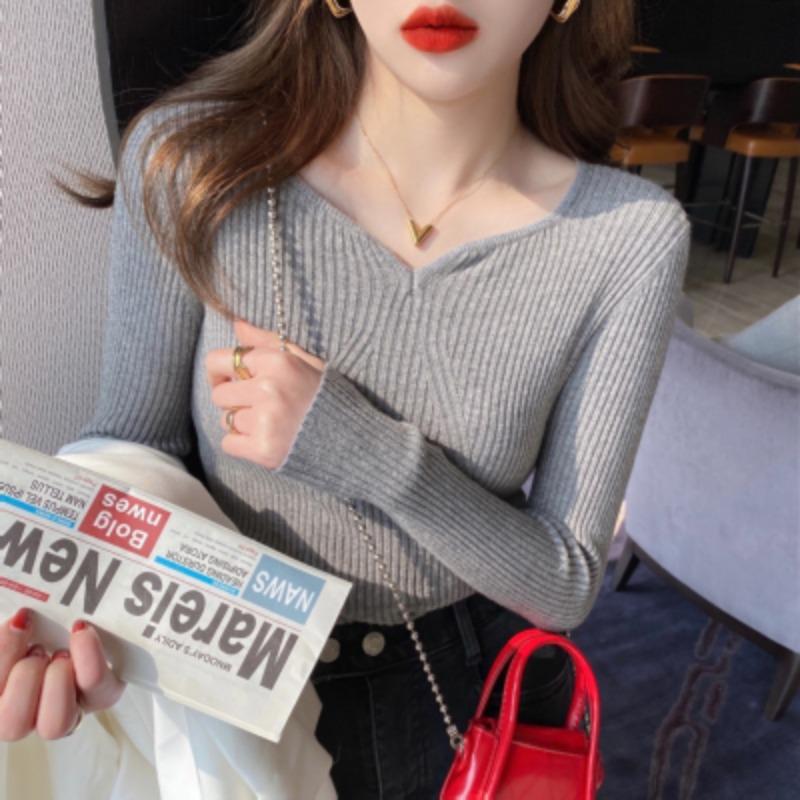 Autumn Winter Fashion Long Sleeved Pullover Sweater Women V Neck Loose Casual Bottoming Shirt 2025 Inner Knitted V-neck Top Solid Clothing