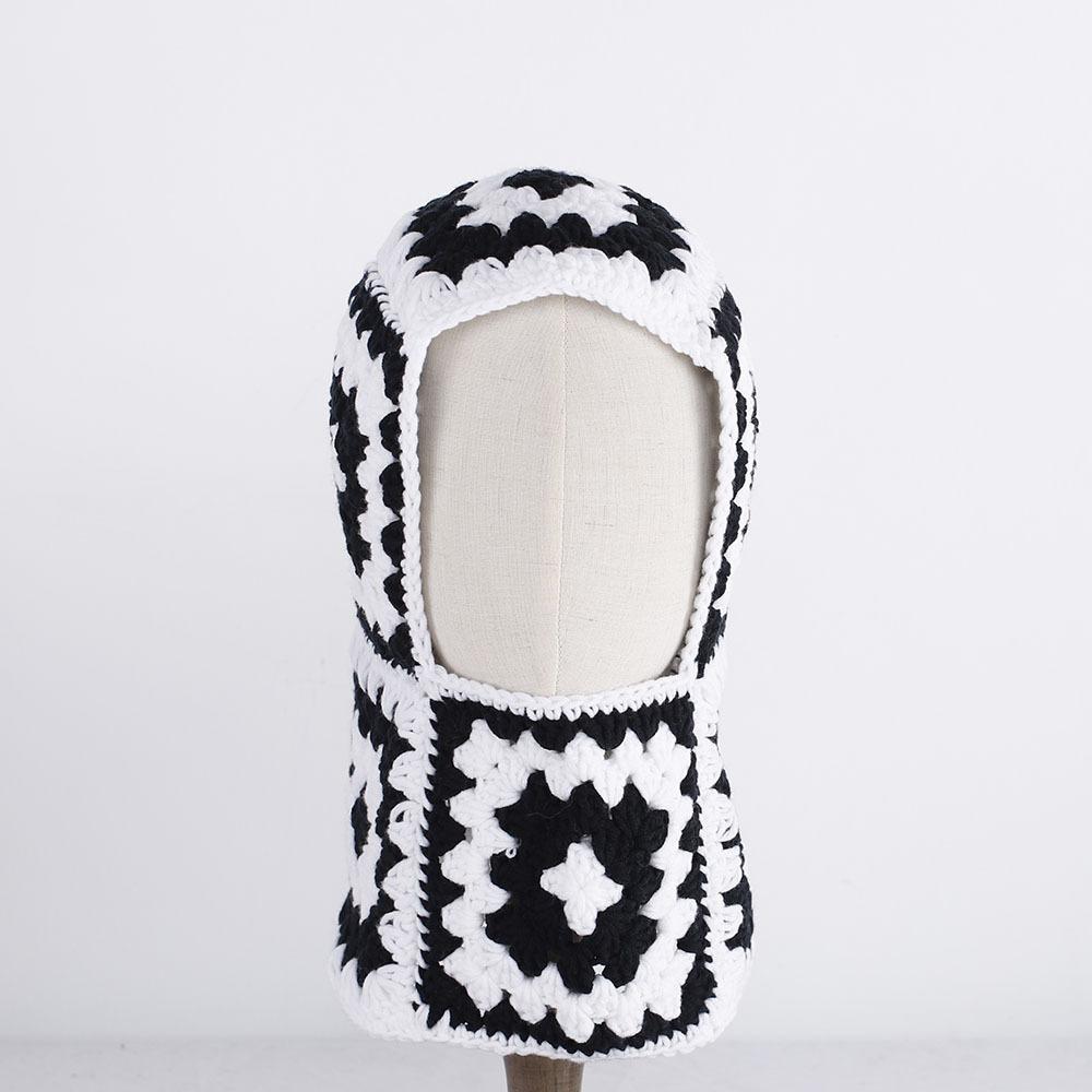 Fashion Designer Halloween Crochet Granny Square Balaclava Hat Women Winter Handmade Hollow Knit Hoodie Beanie Ski Mask